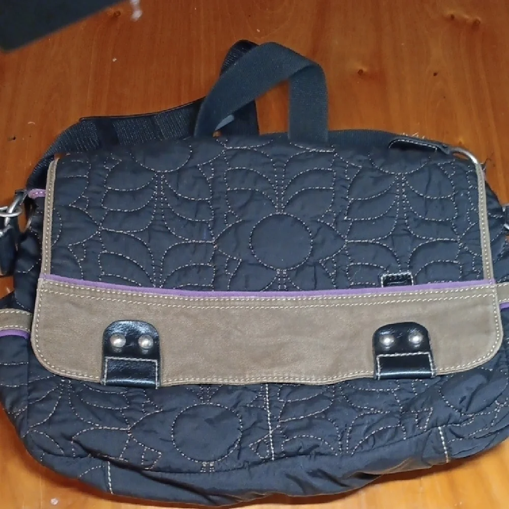 Black and Brown Messenger Bag with Textured Design and Fossil Key-per Bag